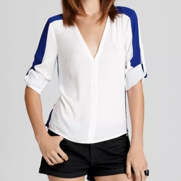 BCBGMAXAZRIA Alaine Contrast Yike V Neck Top Blouse - White / Blue - Picture 2 of 8